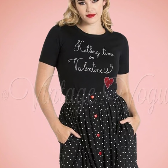 WOMEN’S HELL BUNNY A-LINE BLACK W/ POLKA DOTS SKIRT W/ POCKETS HEART BUTTONS EUC - Picture 6 of 16